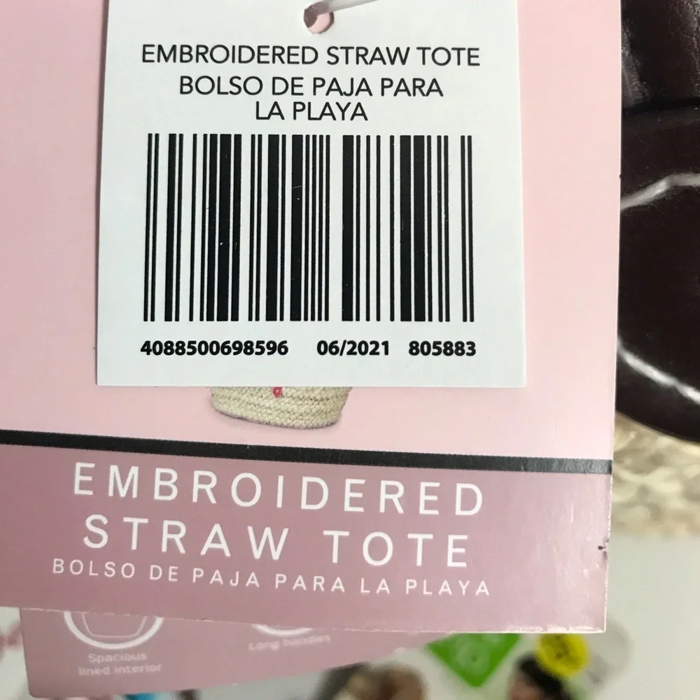 NWT Serra Embroidered Straw Tote Bag,Pink or Black - Picture 5 of 13